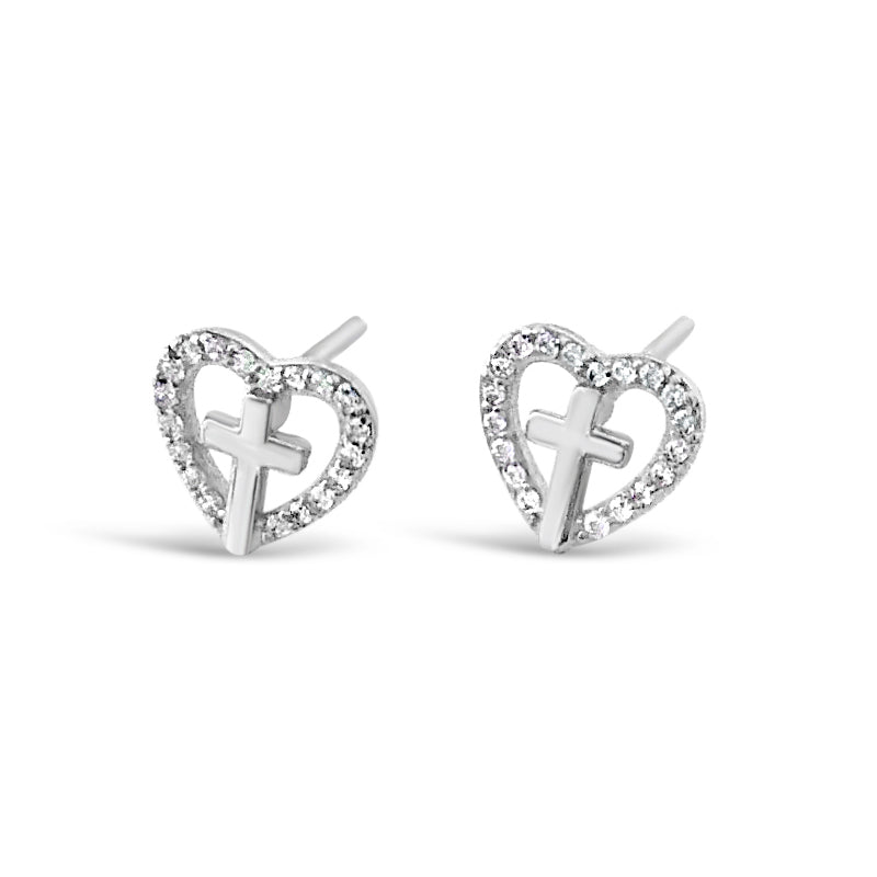 Charm Heart Children Sterling Silver Cross Earrings Set